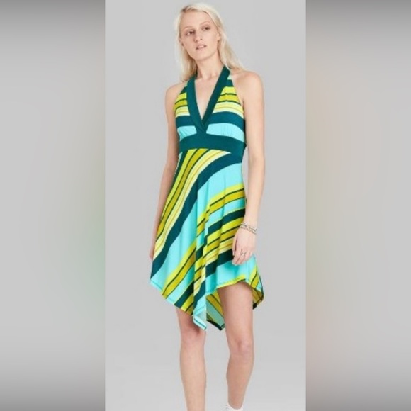 wild fable Dresses & Skirts - NWT Wild Fable Teal & Yellow Striped Halter A-Line Dress Handkerchief Hem XL